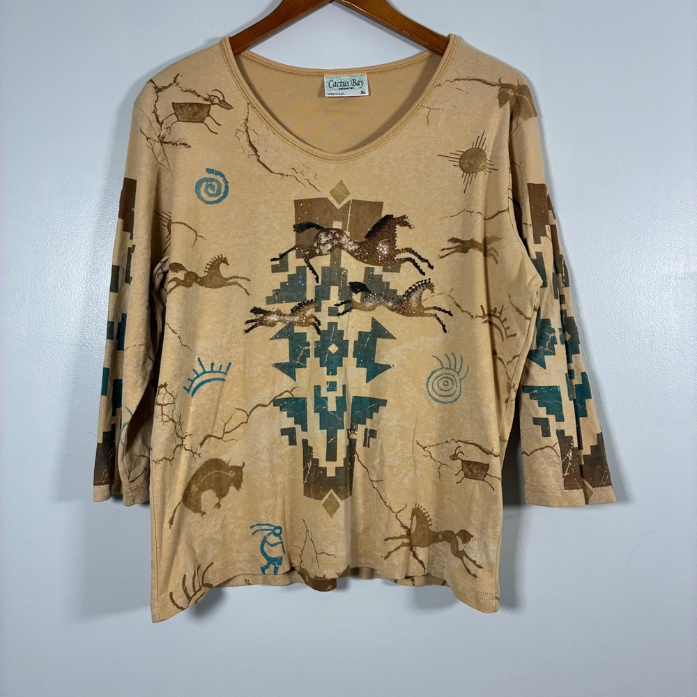 Cactus Bay Top XL Tan Southwestern Horse Rhinestone Cowgirl Tribal Horse Girl